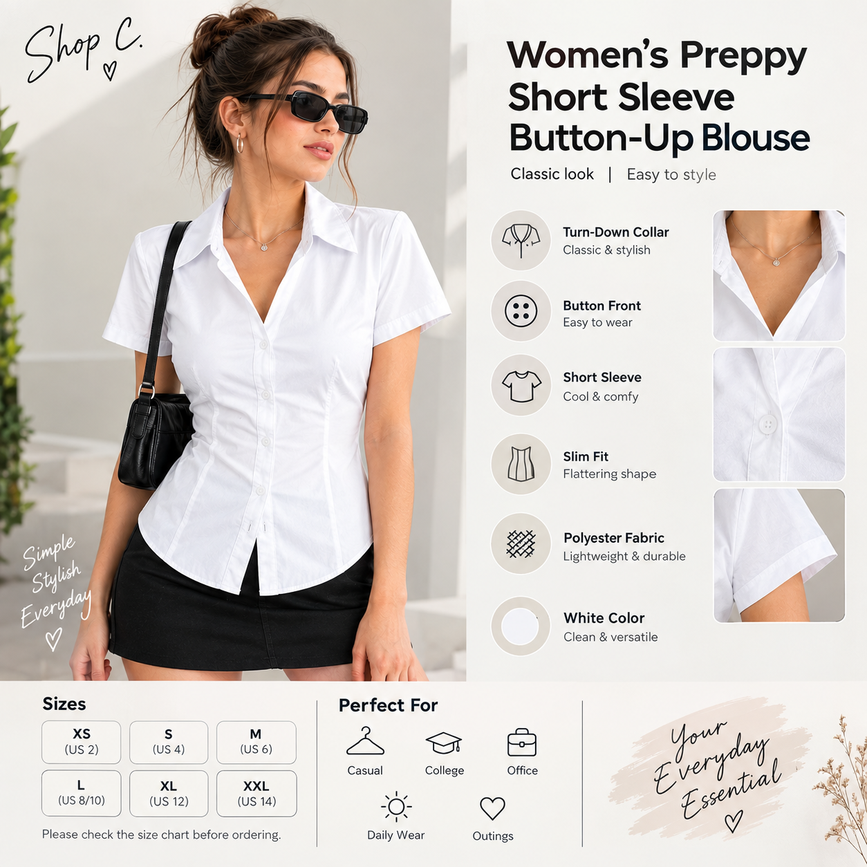 Women’s Preppy Short Sleeve Button-Up Blouse