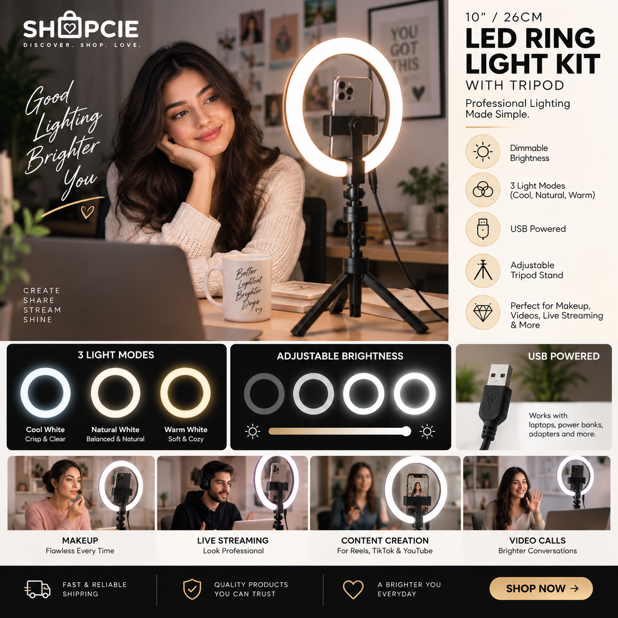 Dimmable LED Ring Light with Tripod – USB Selfie & Streaming Light