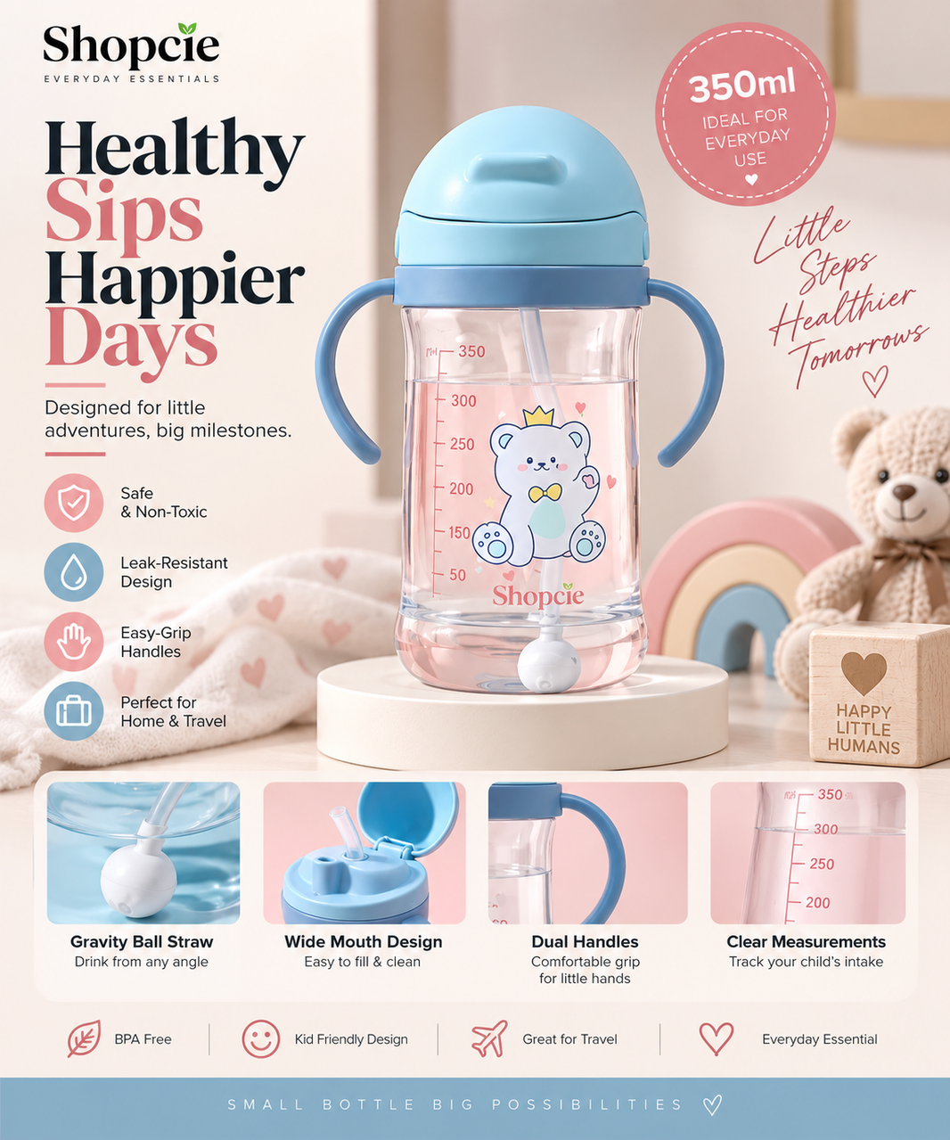 Kids Straw Drinking Bottle with Handles