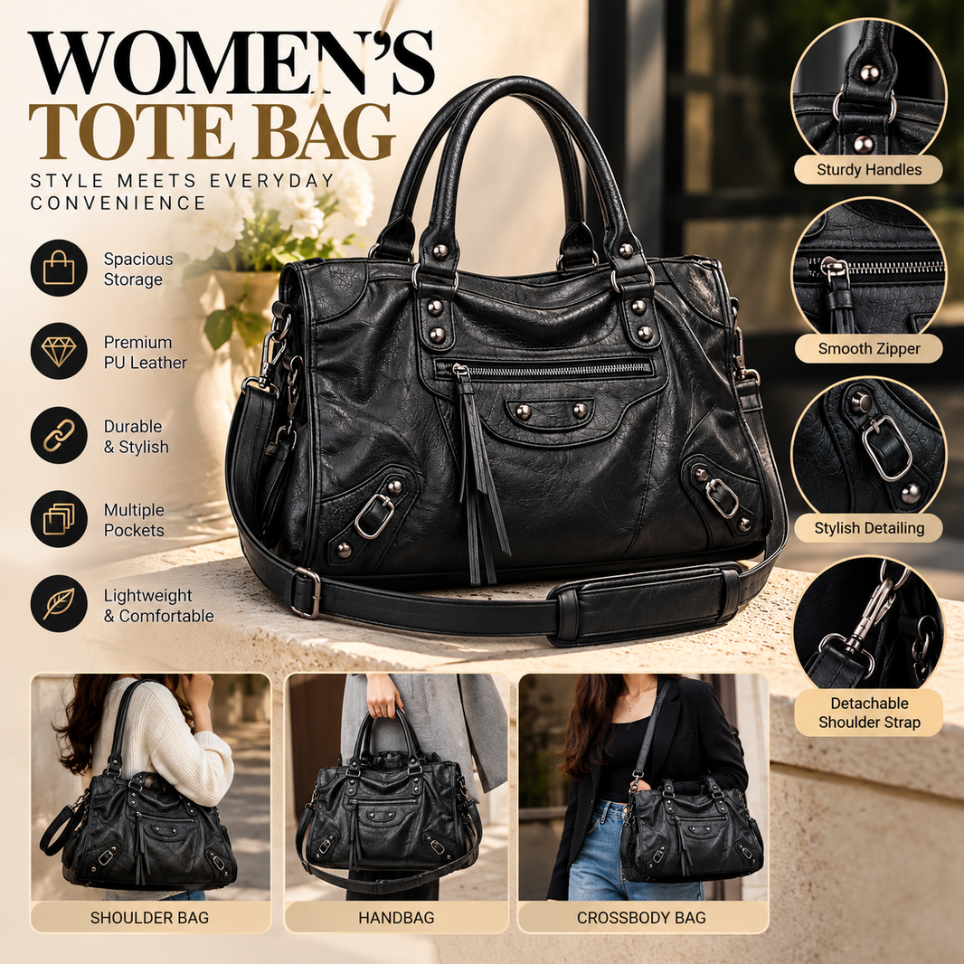 Women’s Vintage PU Leather Tote Bag – Large Capacity Shoulder & Crossbody Handbag