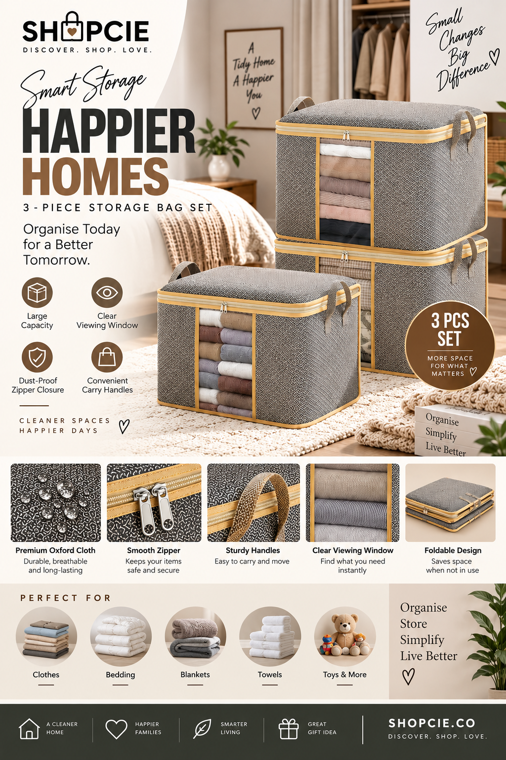 3-Piece Large Capacity Fabric Storage Bags with Clear Windows
