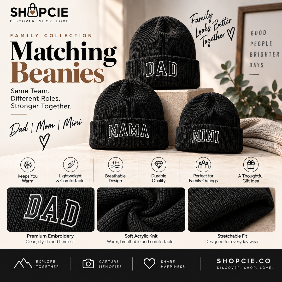 Matching Family Embroidered Beanies – Dad, Mom & Mini