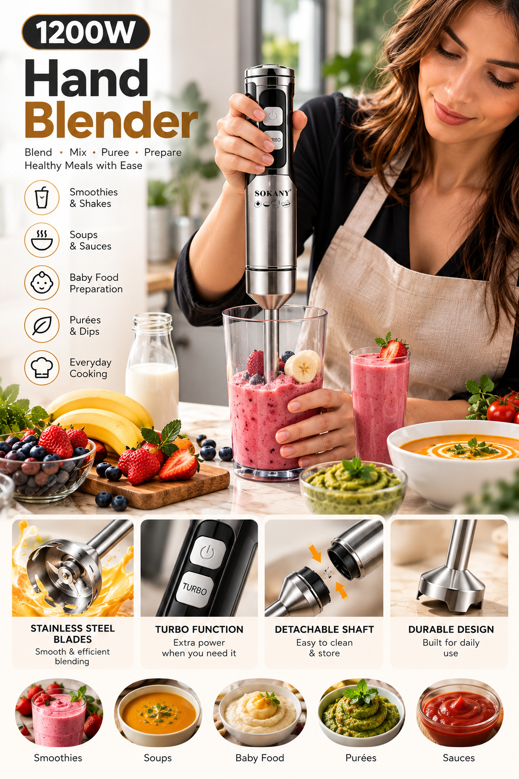 1200W Multifunctional Immersion Hand Blender – Portable Electric Food Mixer