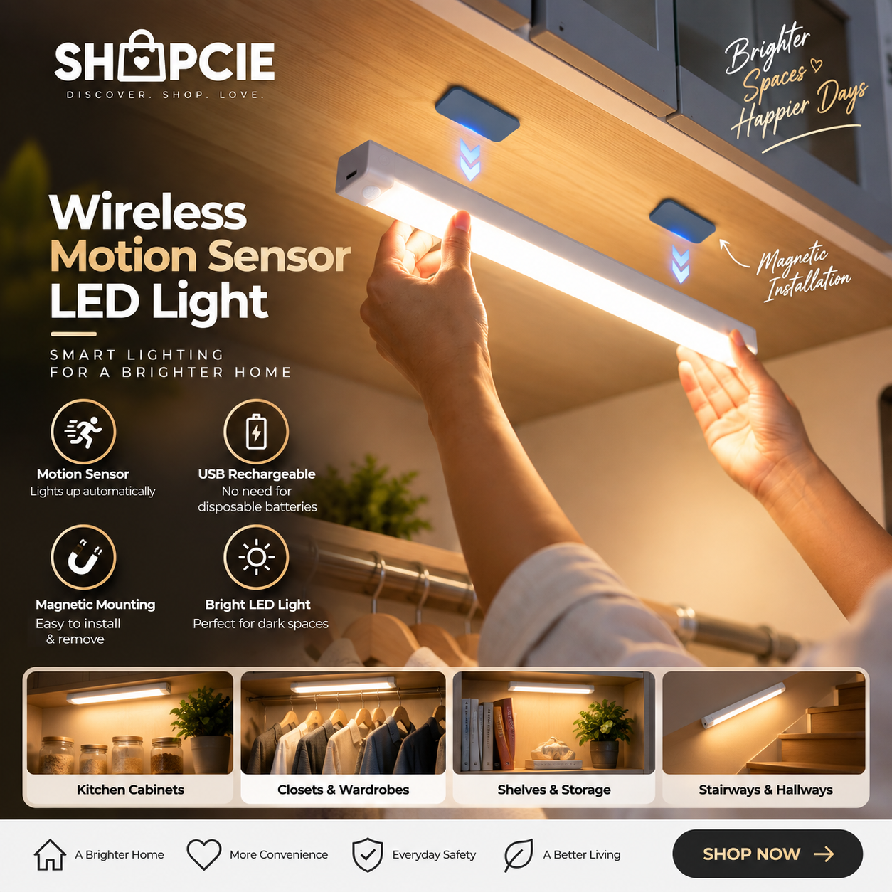 Wireless Motion Sensor LED Light – USB Rechargeable Magnetic Cabinet Lamp