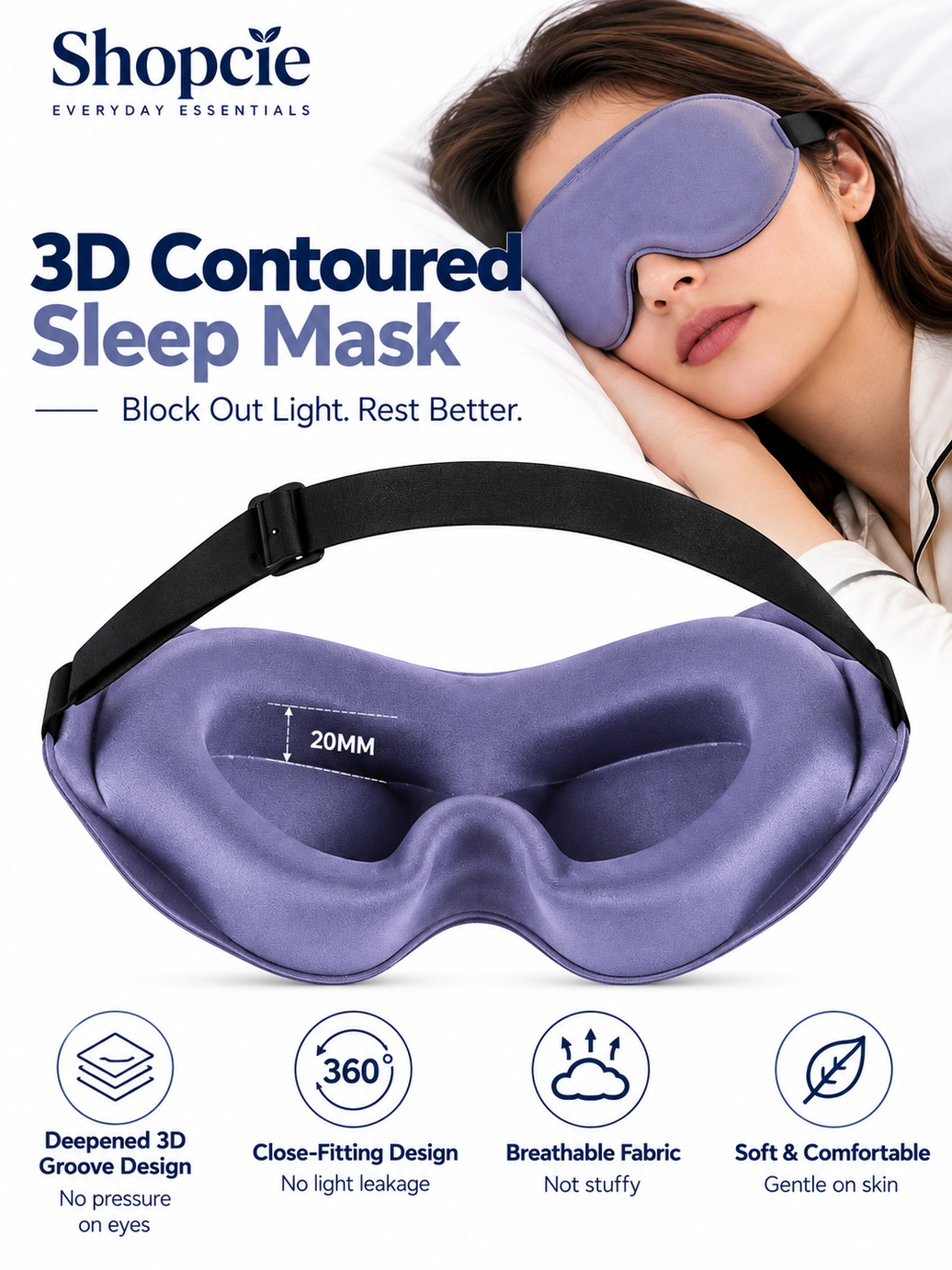 3D Contoured Sleep Mask – Light Blocking Eye Mask for Sleep & Travel