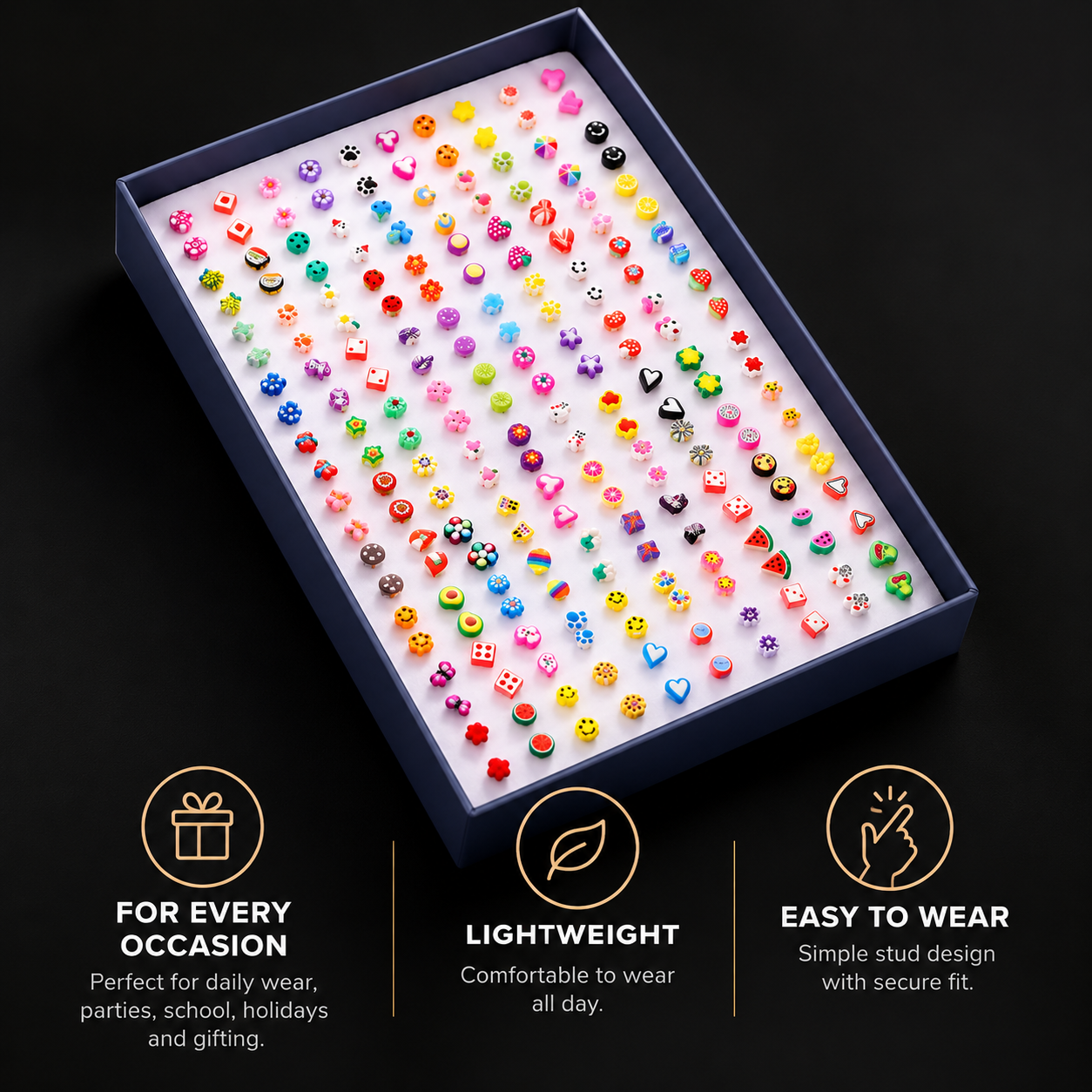 100 Pairs Colorful Mini Stud Earrings Set – Cute Fruit & Geometric Designs