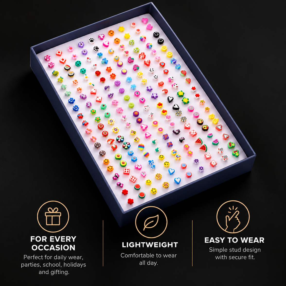 100 Pairs Colorful Mini Stud Earrings Set – Cute Fruit & Geometric Designs