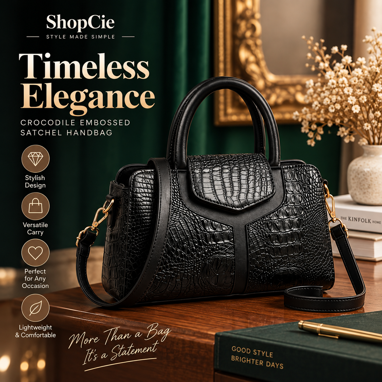 Women’s Crocodile Embossed Satchel Handbag