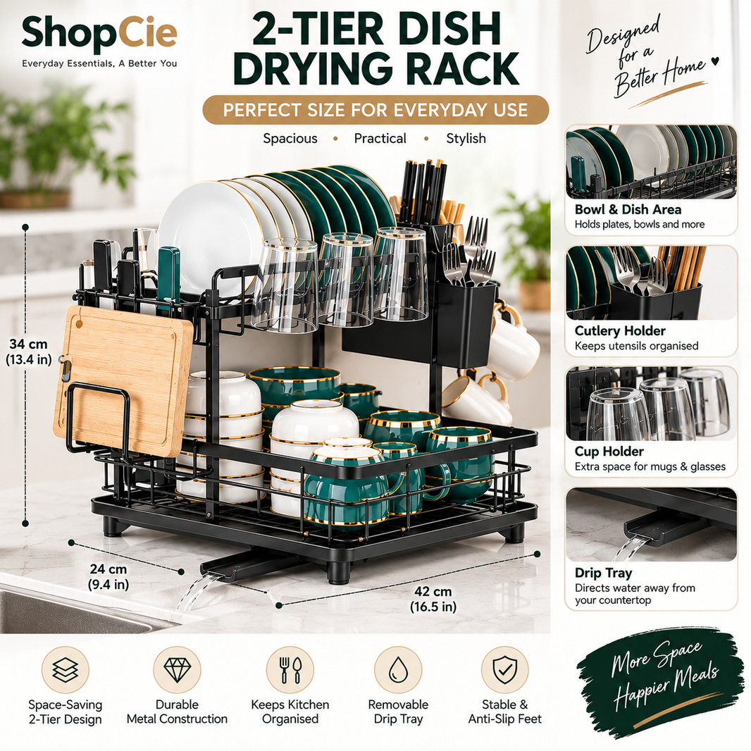 2-Tier Dish Drying Rack with Drainboard, Cutlery & Cup Holder