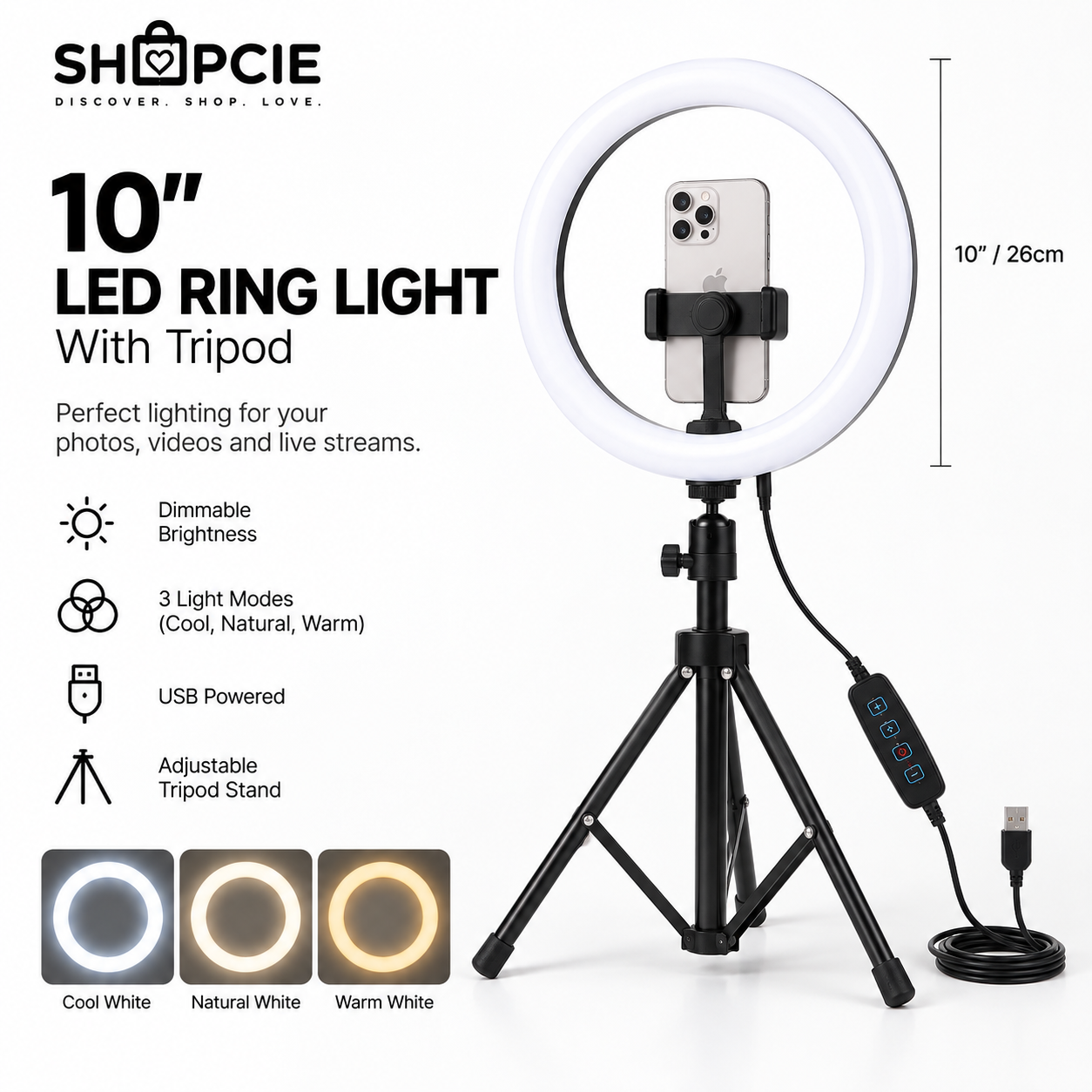 Dimmable LED Ring Light with Tripod – USB Selfie & Streaming Light