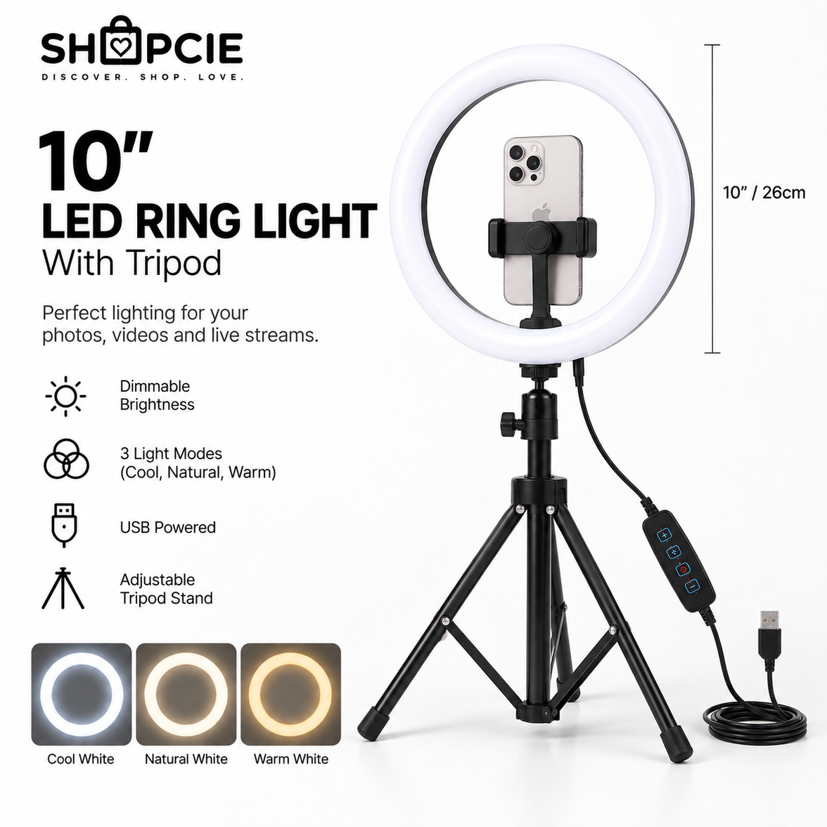 Dimmable LED Ring Light with Tripod – USB Selfie & Streaming Light