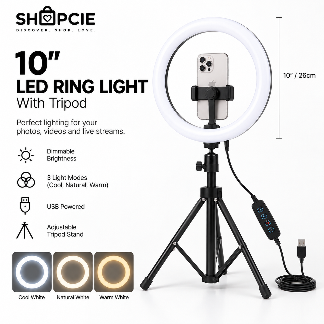 Dimmable LED Ring Light with Tripod – USB Selfie & Streaming Light