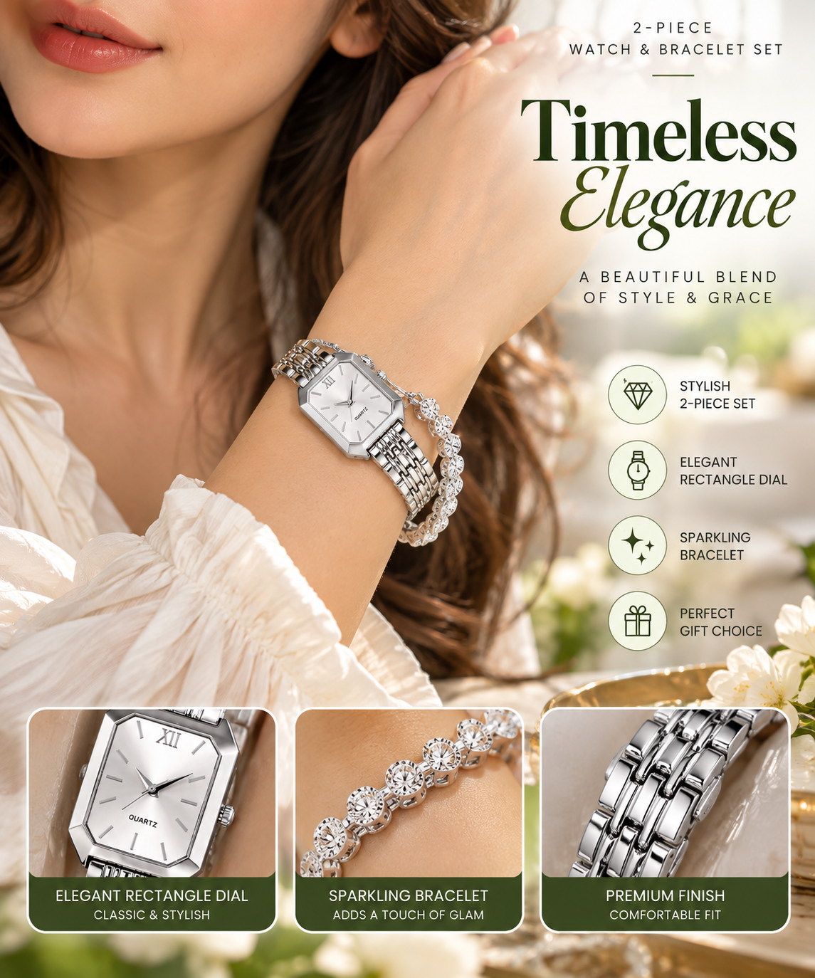 Women’s Elegant Rectangle Quartz Watch & Crystal Bracelet Set – 2PCS