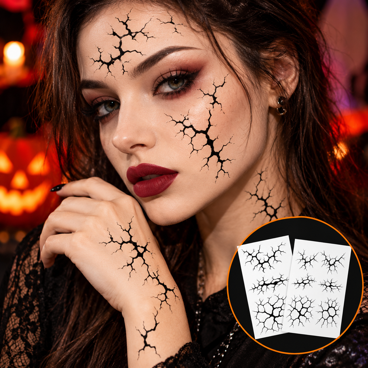 2-Piece Halloween Black Crack Temporary Tattoos – Horror Broken Skin Body Stickers