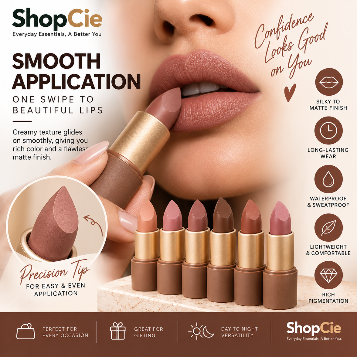 6-Piece Nude Brown Matte Lipstick Set – Long-Lasting & Waterproof