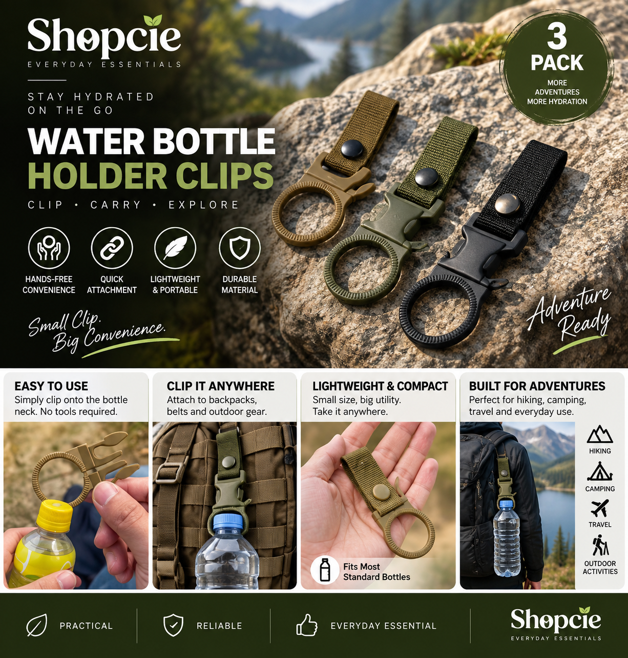 3-Pack Outdoor Water Bottle Holder Clips – Backpack & Belt Bottle Carriers