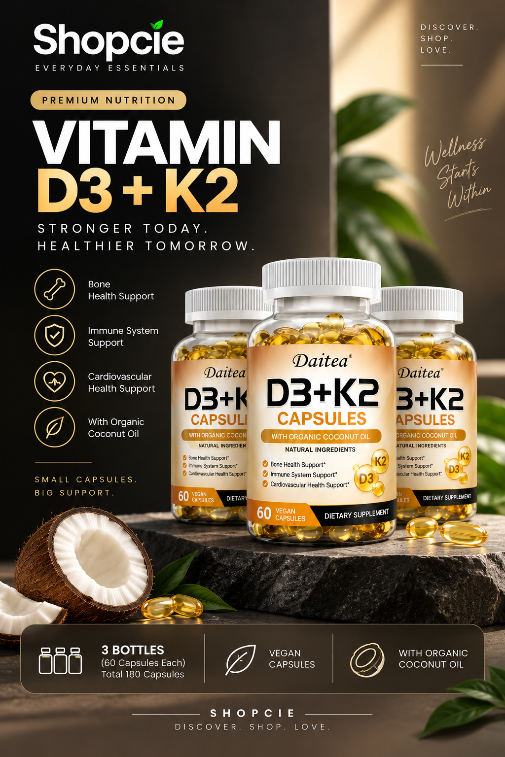 Vitamin D3 5000 IU + K2 MK-7 200mcg – 3 Bottles, 180 Vegan Capsules