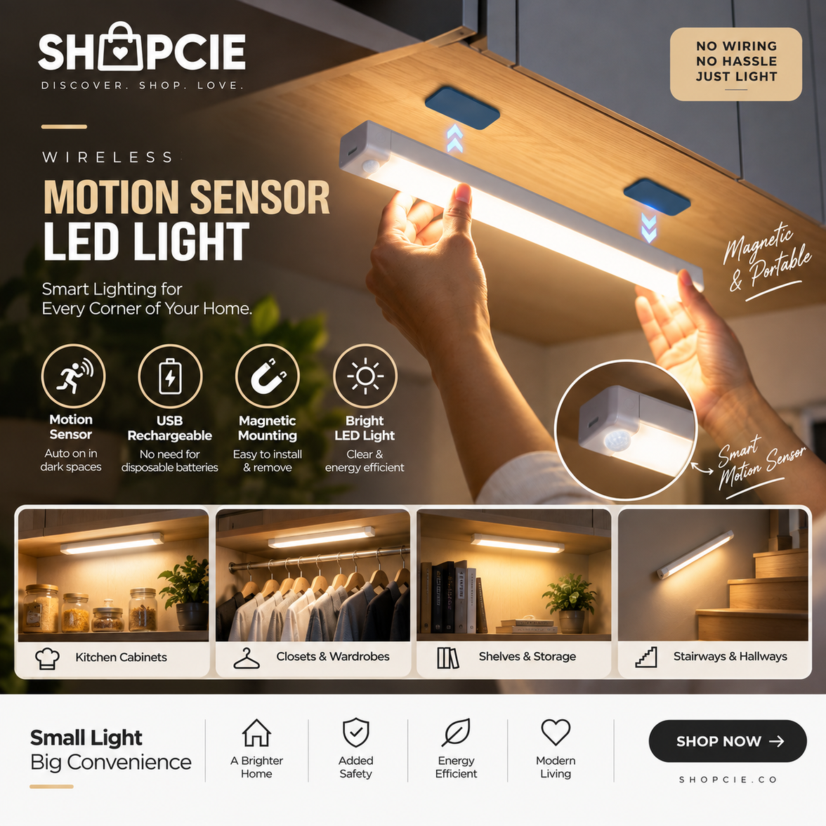 Wireless Motion Sensor LED Light – USB Rechargeable Magnetic Cabinet Lamp
