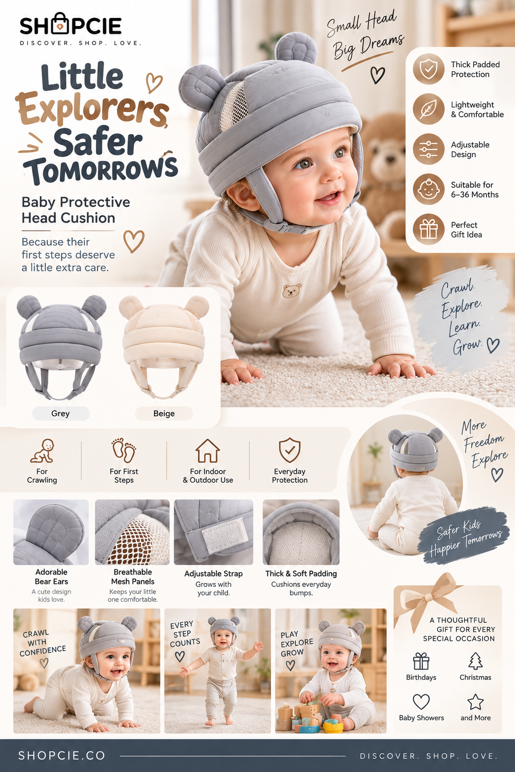 Baby Bear Ear Protective Head Cushion – Adjustable Toddler Safety Hat
