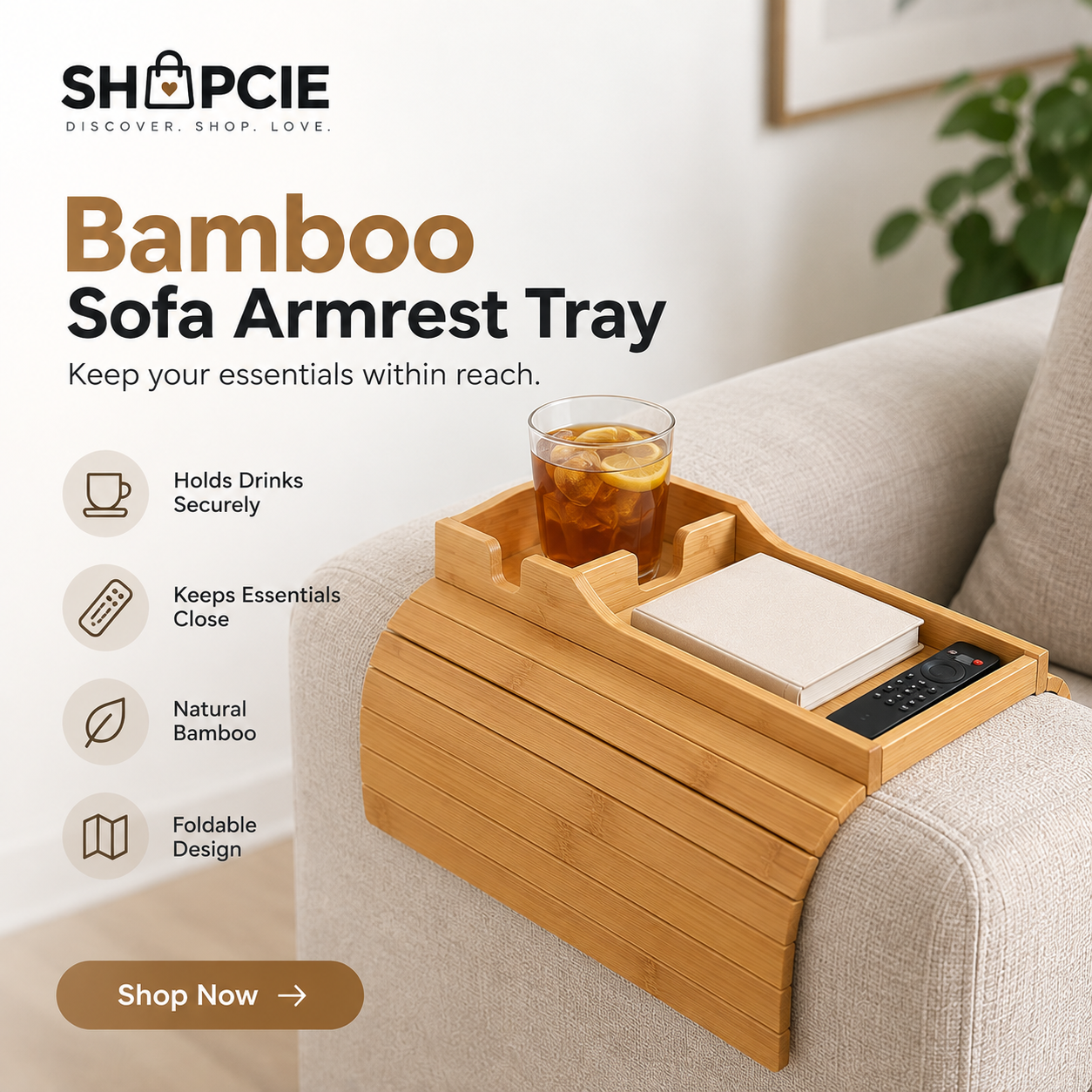 Foldable Bamboo Sofa Armrest Tray – Couch Side Table for Drinks & Essentials