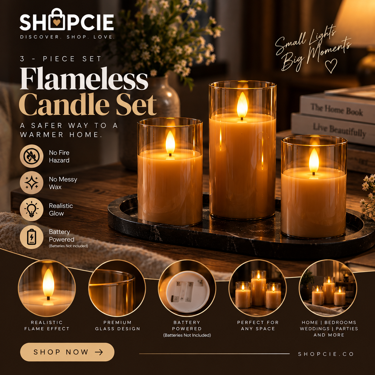 3-Piece Flameless LED Candle Set – Battery-Powered Decorative Candles