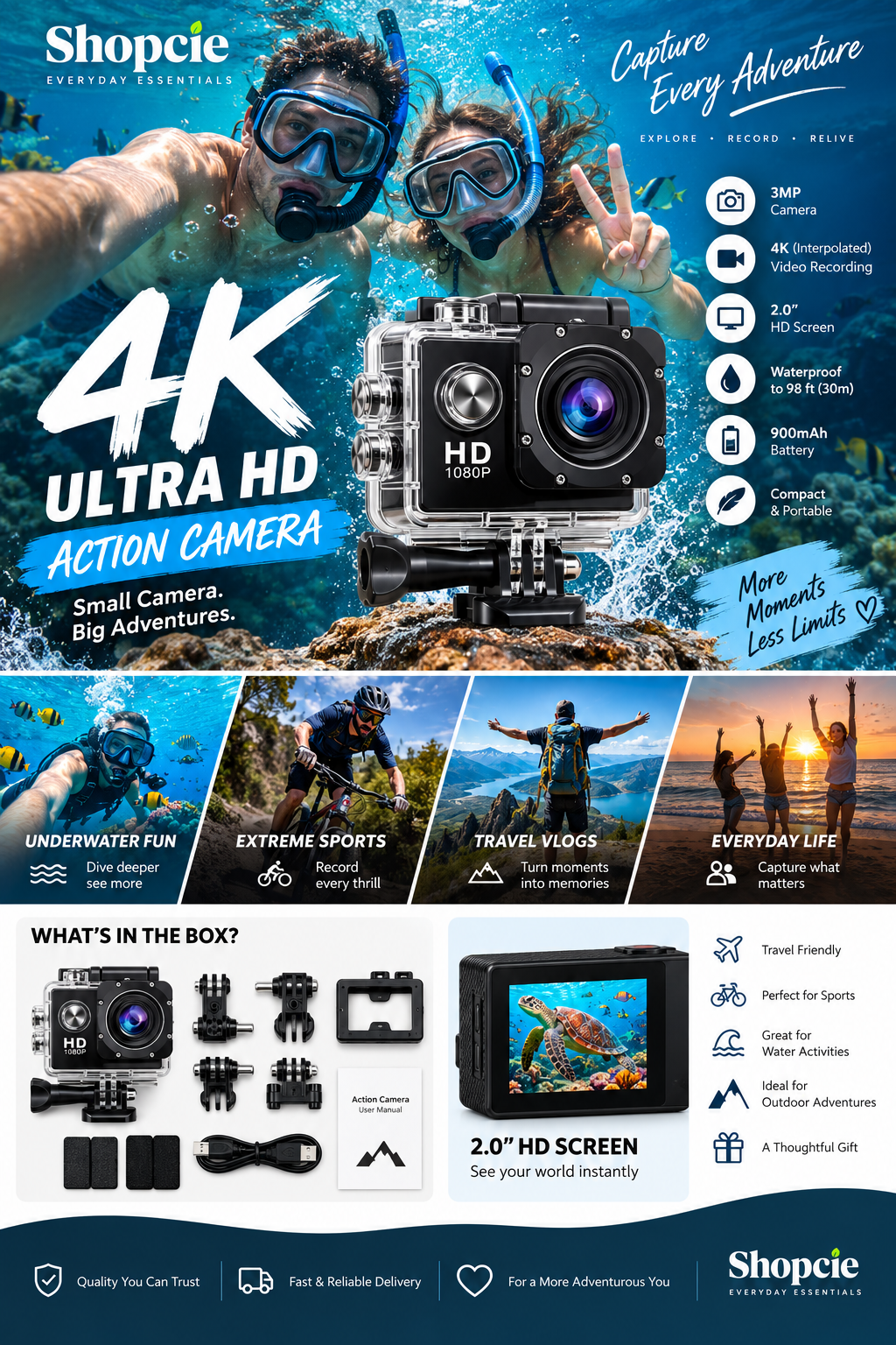 4K Ultra HD Action Camera with Waterproof Case