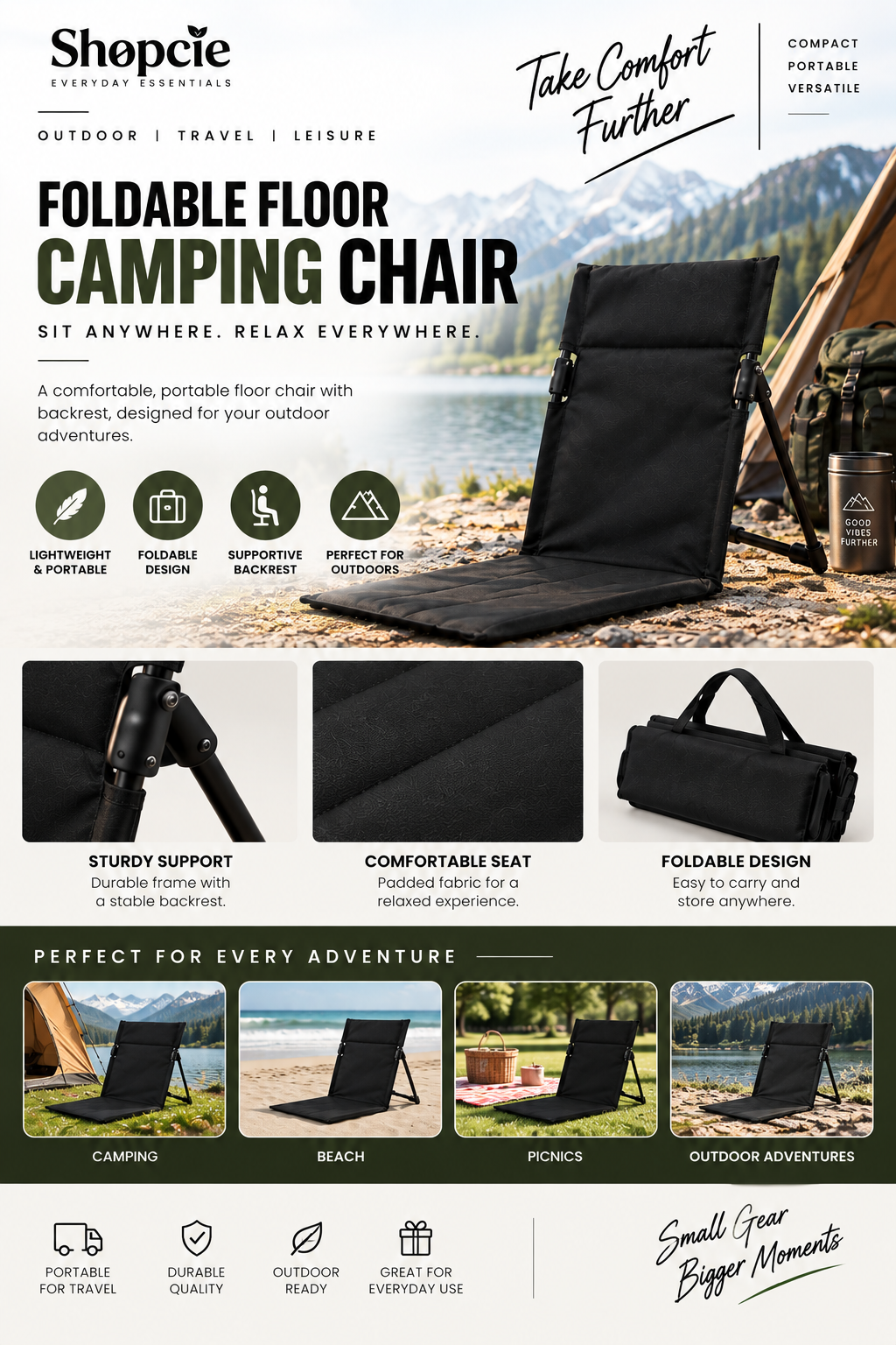 Foldable Floor Camping Chair with Backrest – Portable Outdoor & Beach Seat