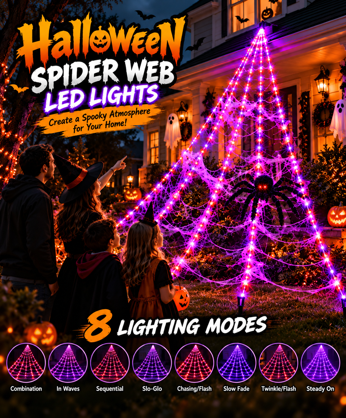 8-Mode Halloween Spider Web LED Lights – Outdoor Giant Web Decoration