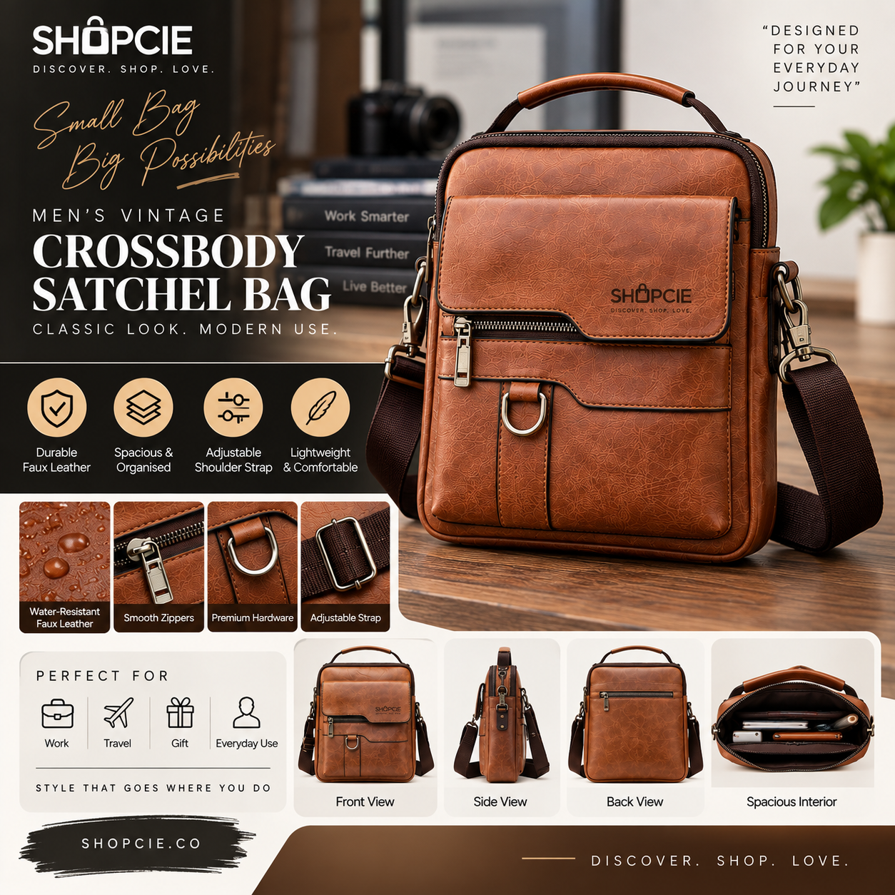 Men’s Vintage Faux Leather Crossbody Satchel Bag
