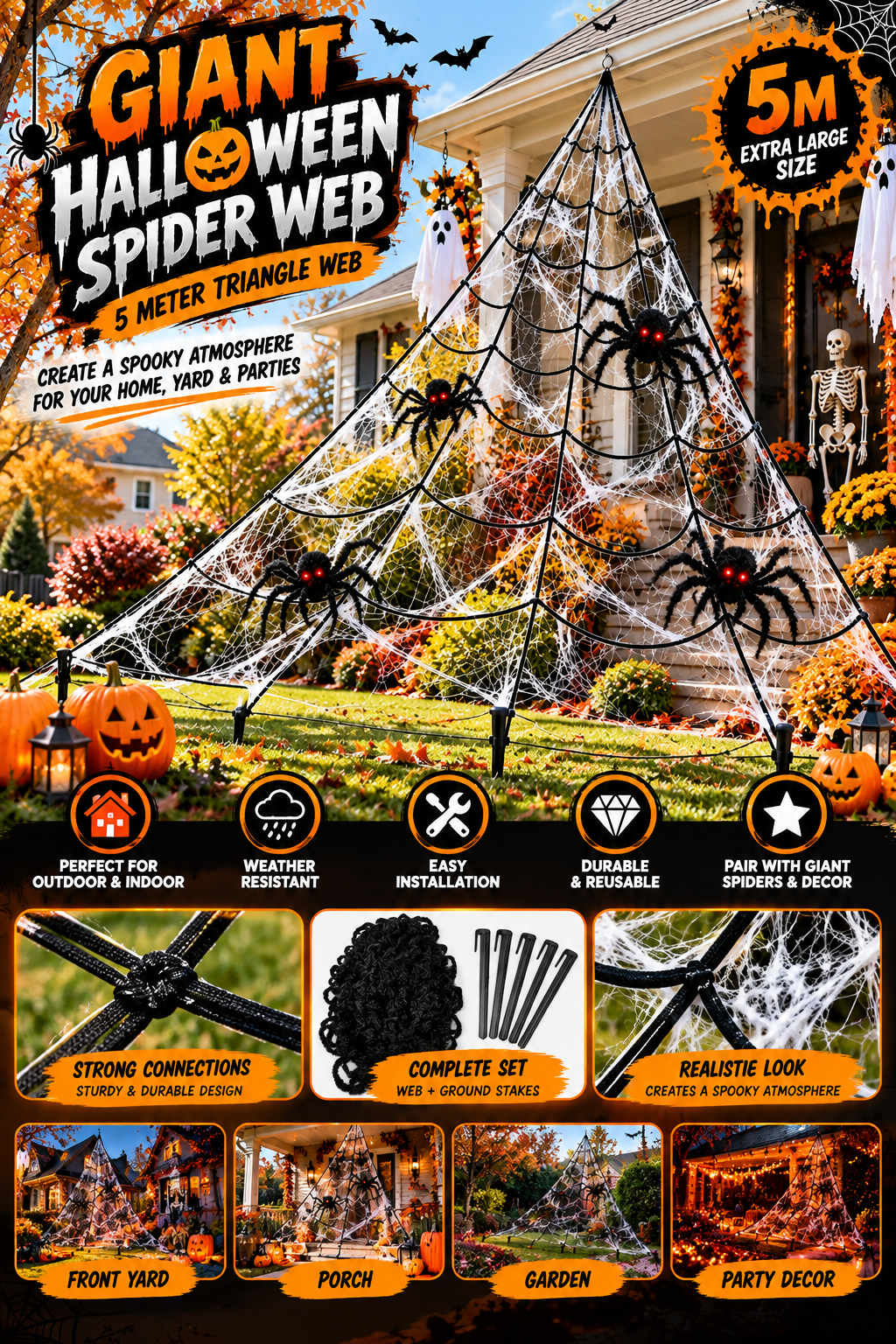 5M Giant Halloween Spider Web Decoration – Outdoor Yard & Party Décor