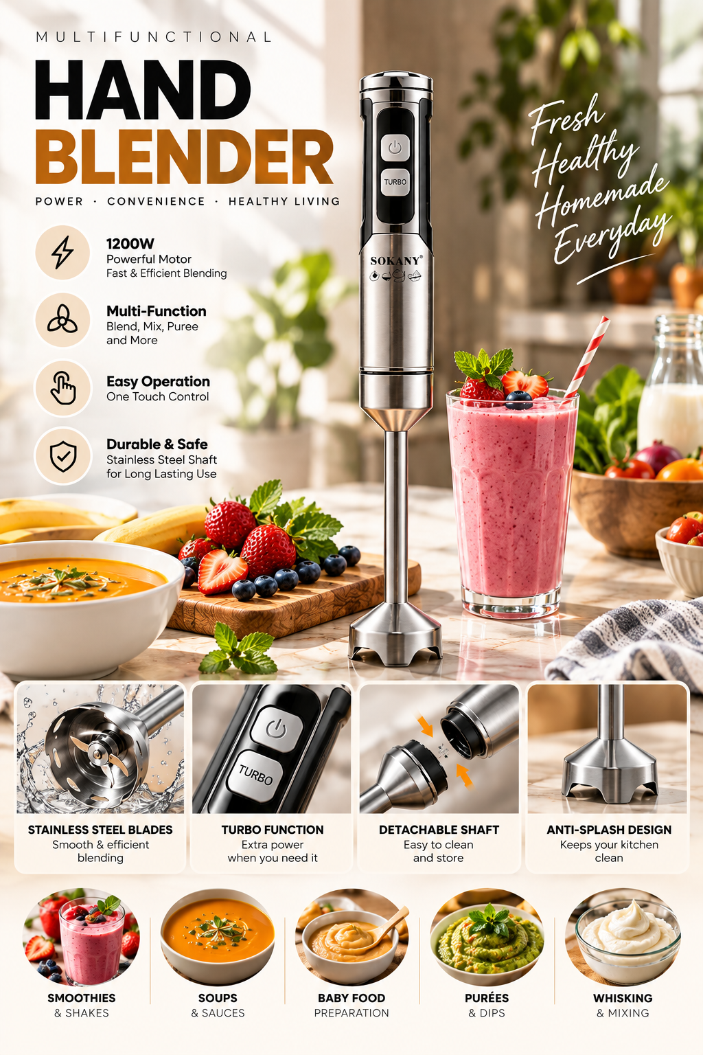 1200W Multifunctional Immersion Hand Blender – Portable Electric Food Mixer