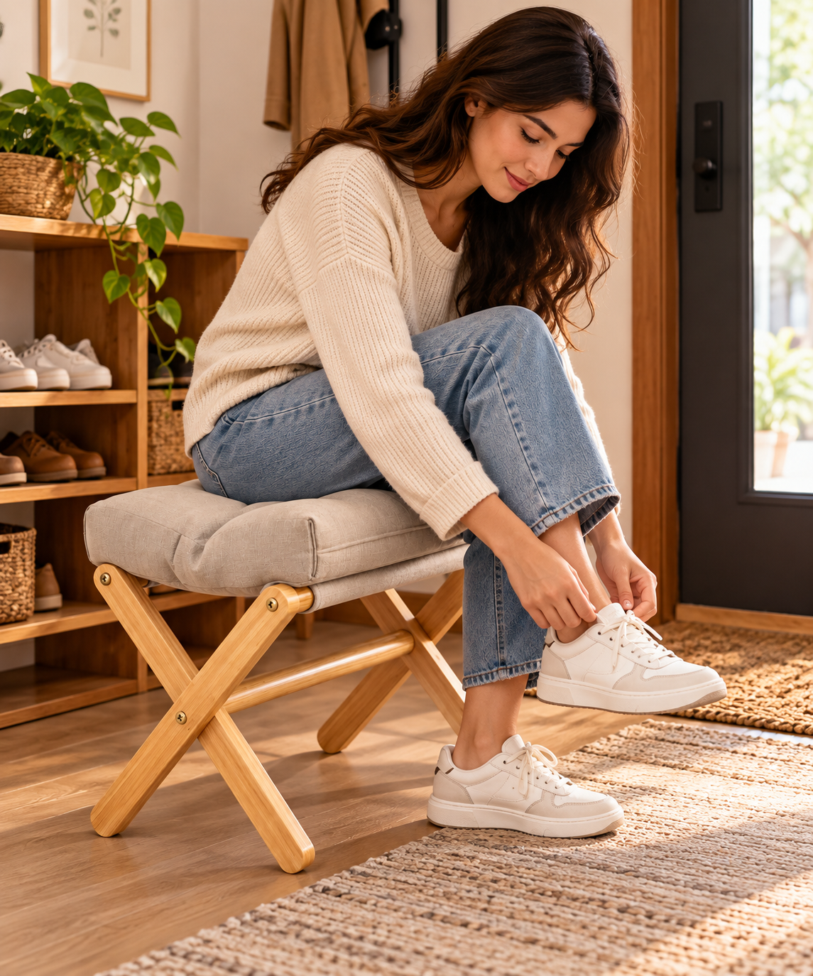 Solid Wood Folding Shoe Changing Stool with Soft Cushioned Seat