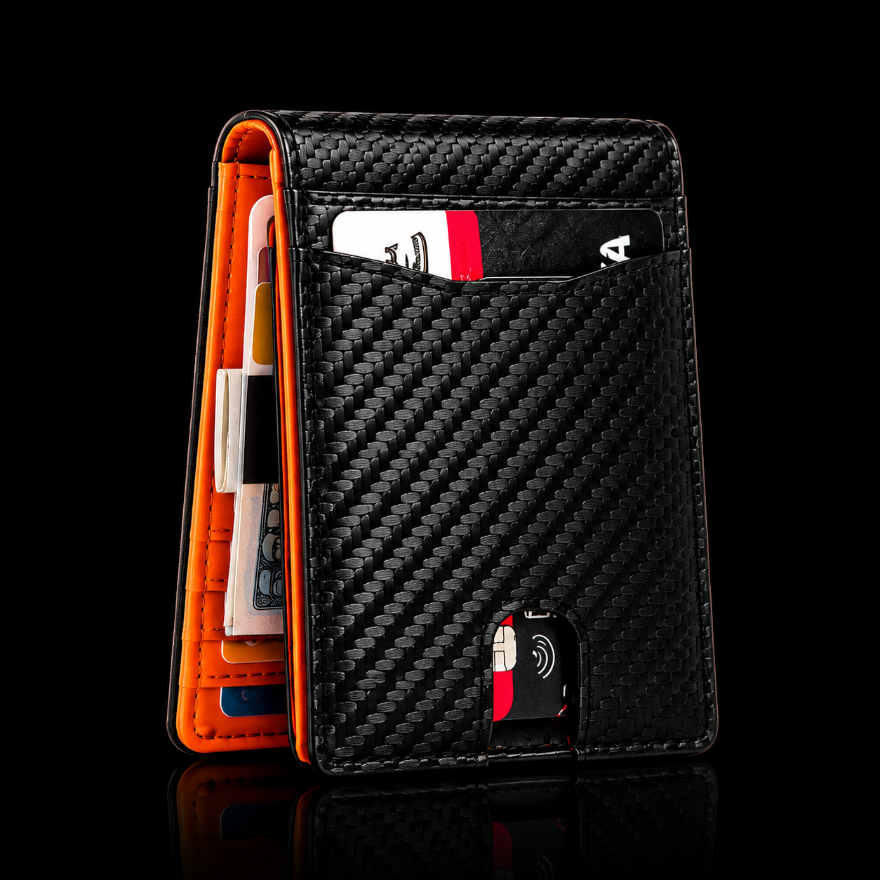 Men’s Carbon Orange RFID Blocking Bifold Wallet – Slim Carbon Fiber Card Holder