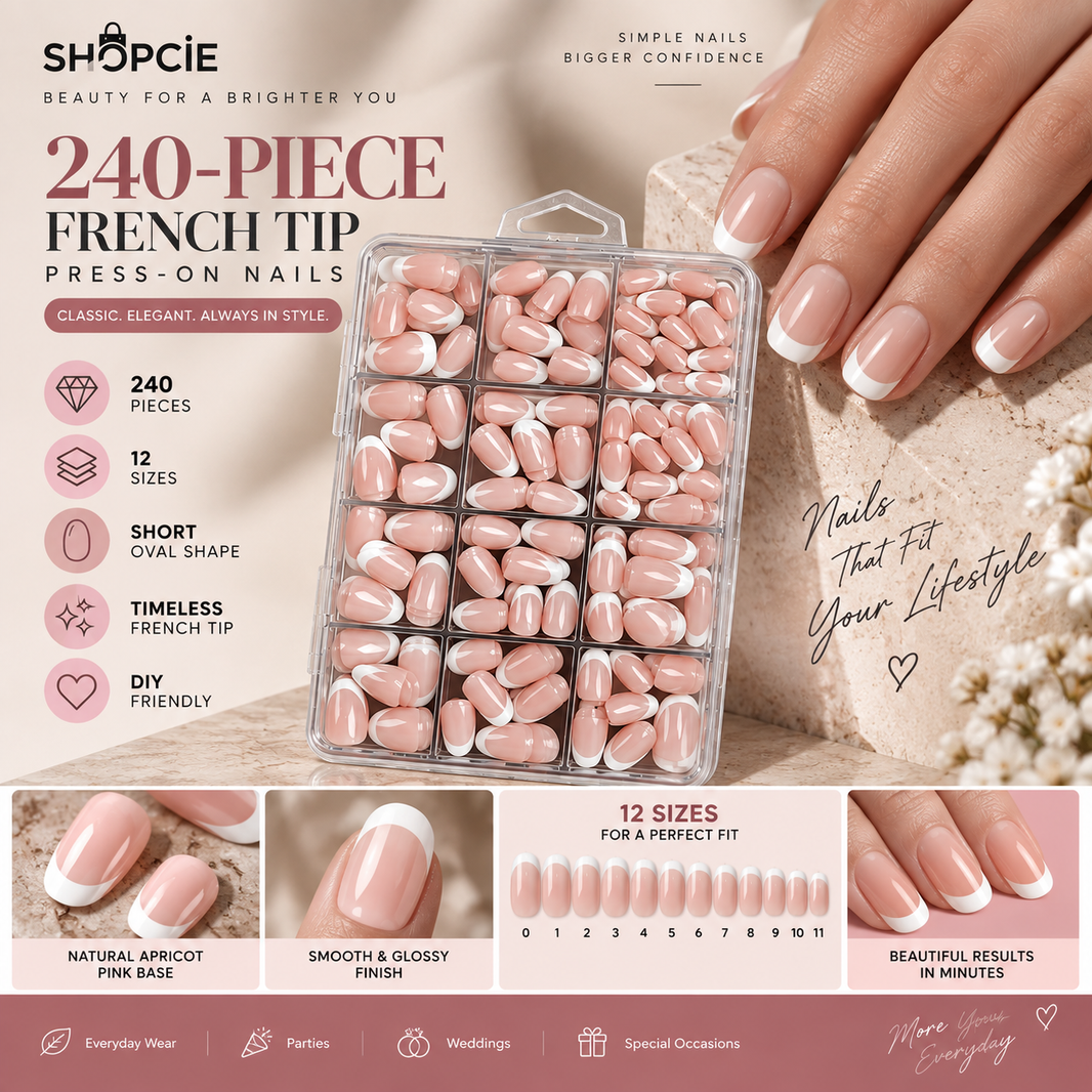 240-Piece French Tip Press-On Nail Set – 12 Sizes