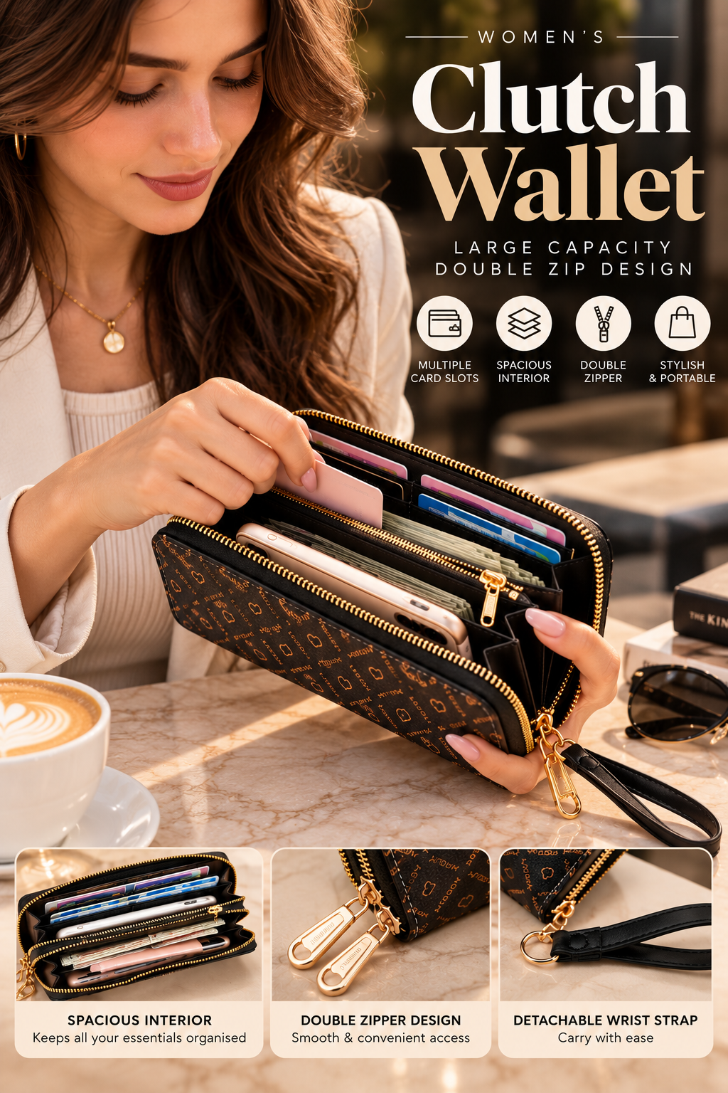 Women’s Large Capacity Double-Zip Clutch Wallet with Wrist Strap