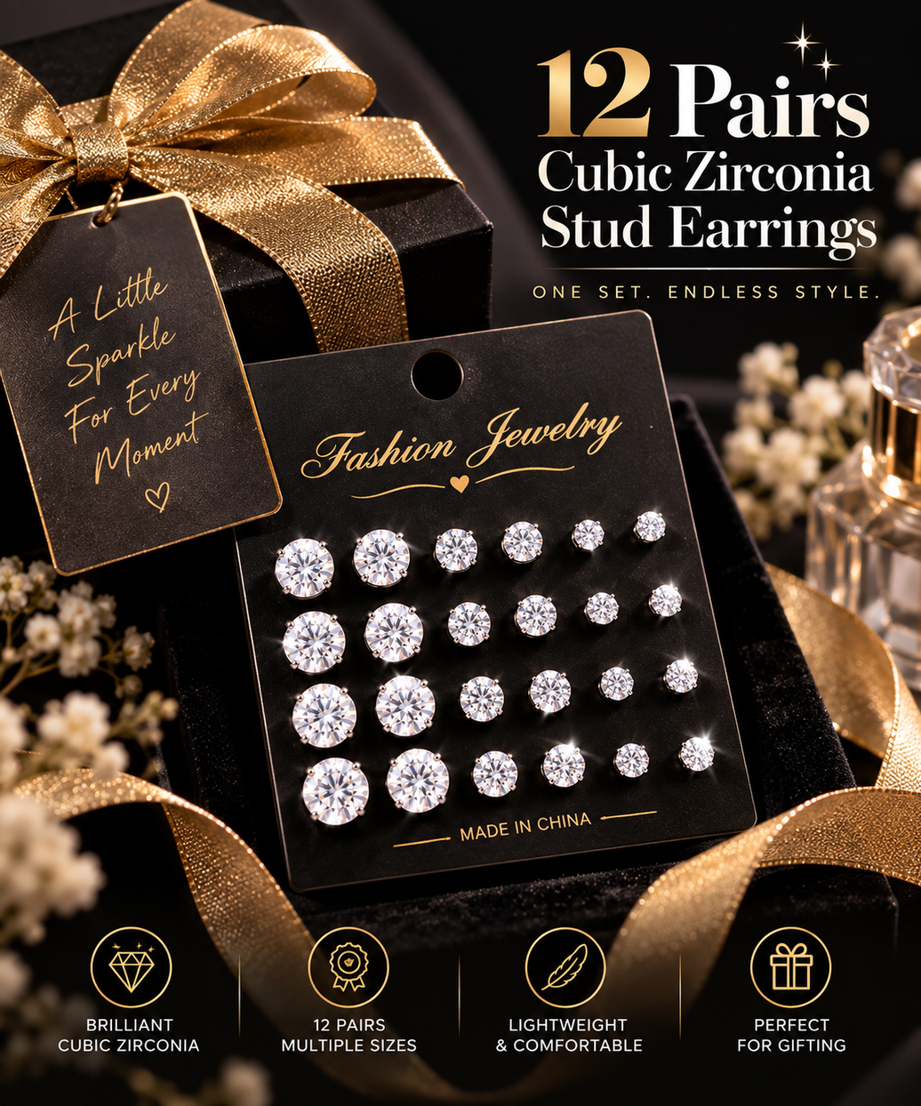12 Pairs Cubic Zirconia Stud Earrings Set – Classic Crystal Multi-Size Earrings