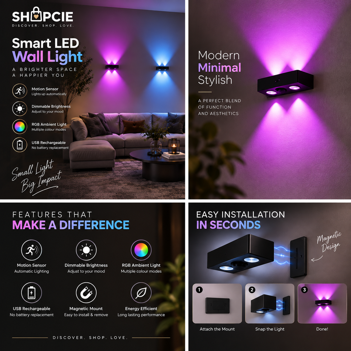 Rechargeable Motion Sensor LED Wall Light with RGB Ambient Glow