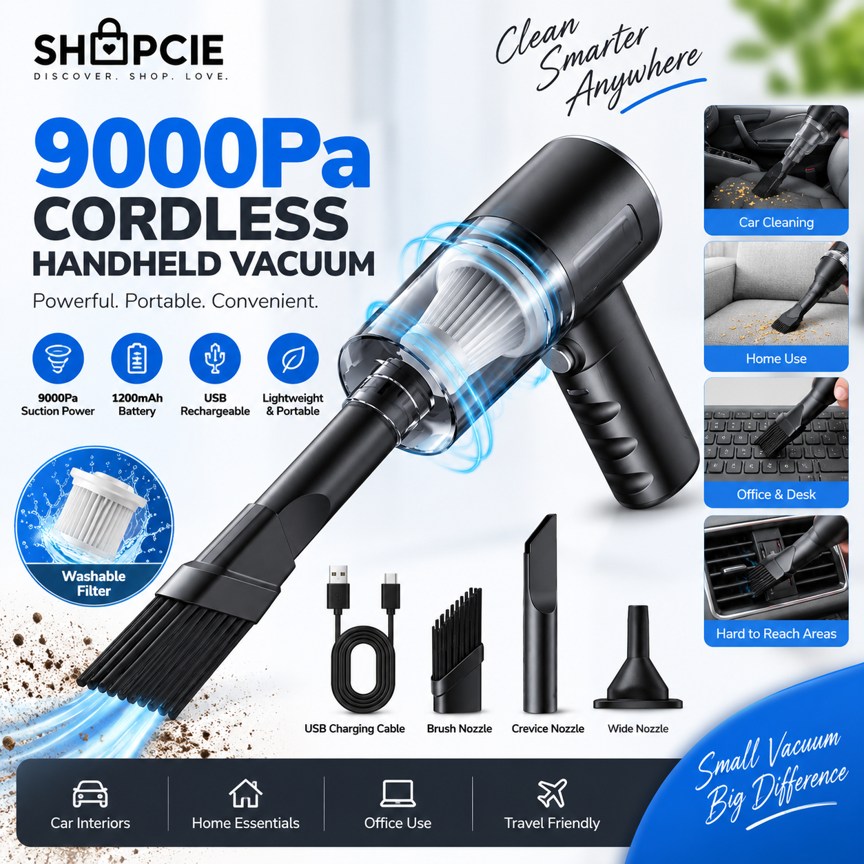 Cordless Handheld Car Vacuum – USB Rechargeable Portable Cleaner