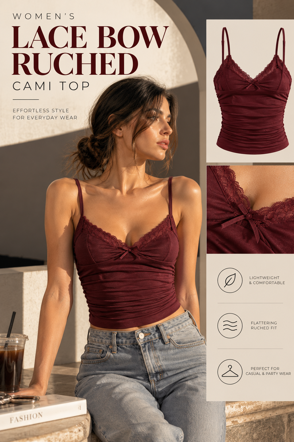 Women’s Lace Bow Ruched Cami Top – Backless Y2K Crop Tank