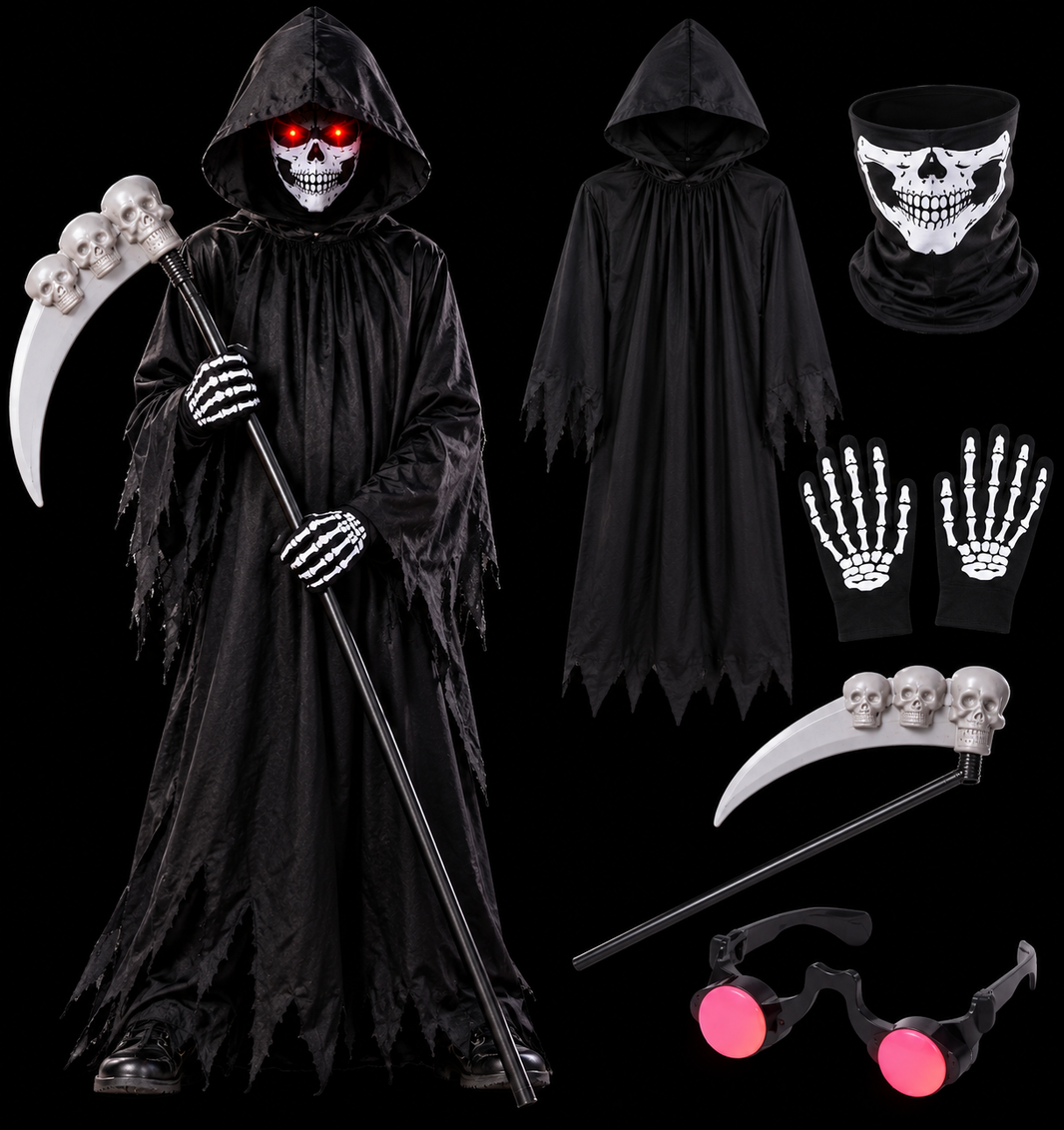 Kids Grim Reaper Halloween Costume with Glowing Red Eyes – 90CM