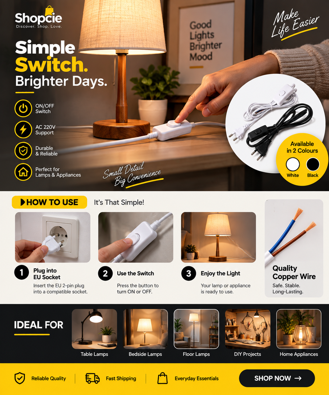 EU Plug Power Cord with Inline ON/OFF Switch – 2-Pin Lamp Extension Cable