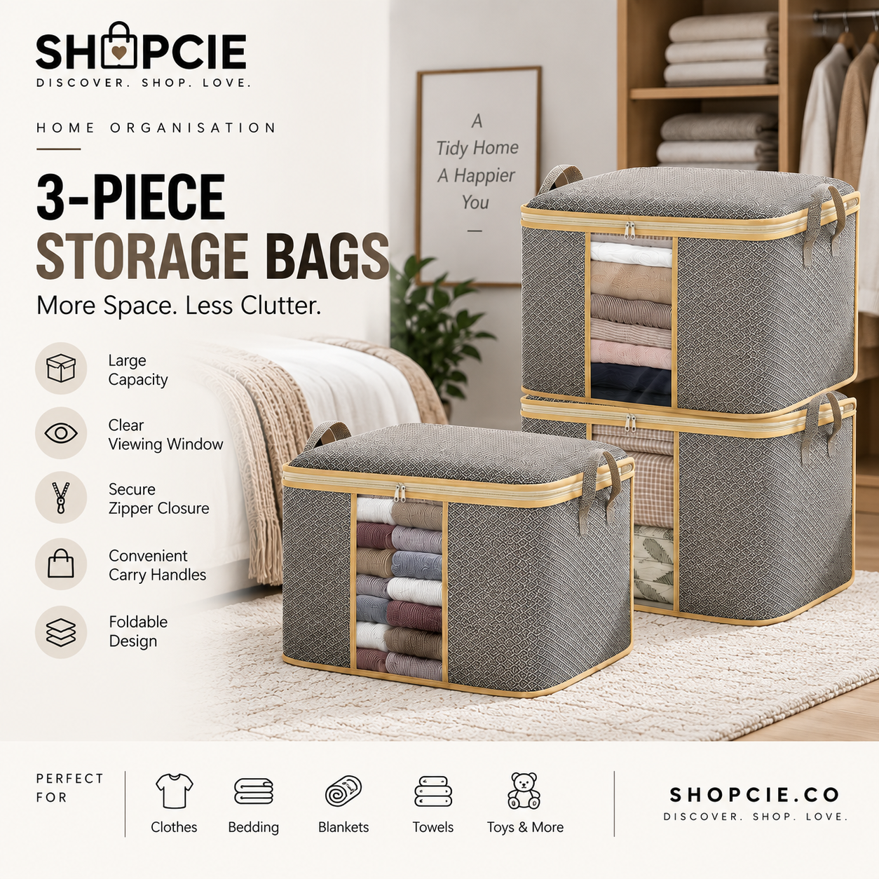 3-Piece Large Capacity Fabric Storage Bags with Clear Windows