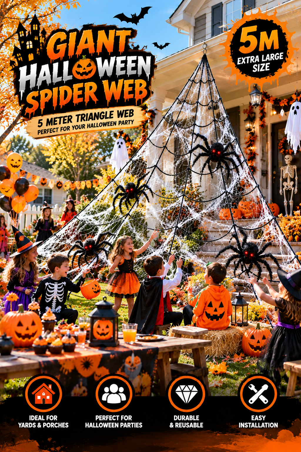 5M Giant Halloween Spider Web Decoration – Outdoor Yard & Party Décor