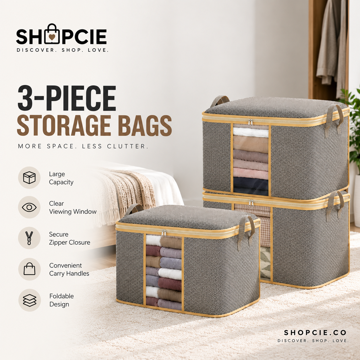 3-Piece Large Capacity Fabric Storage Bags with Clear Windows