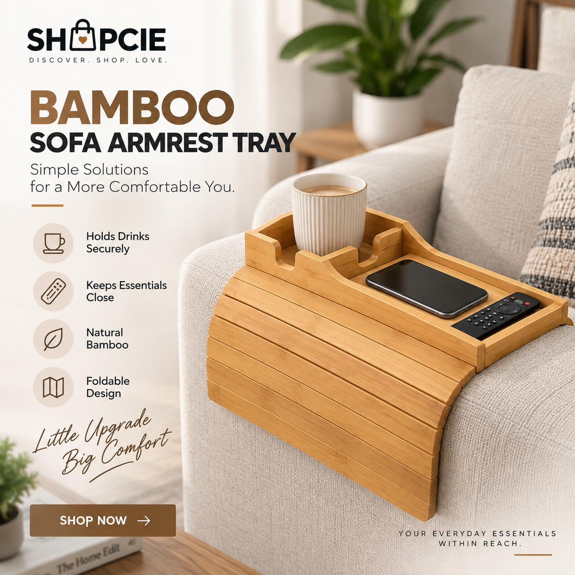 Foldable Bamboo Sofa Armrest Tray – Couch Side Table for Drinks & Essentials