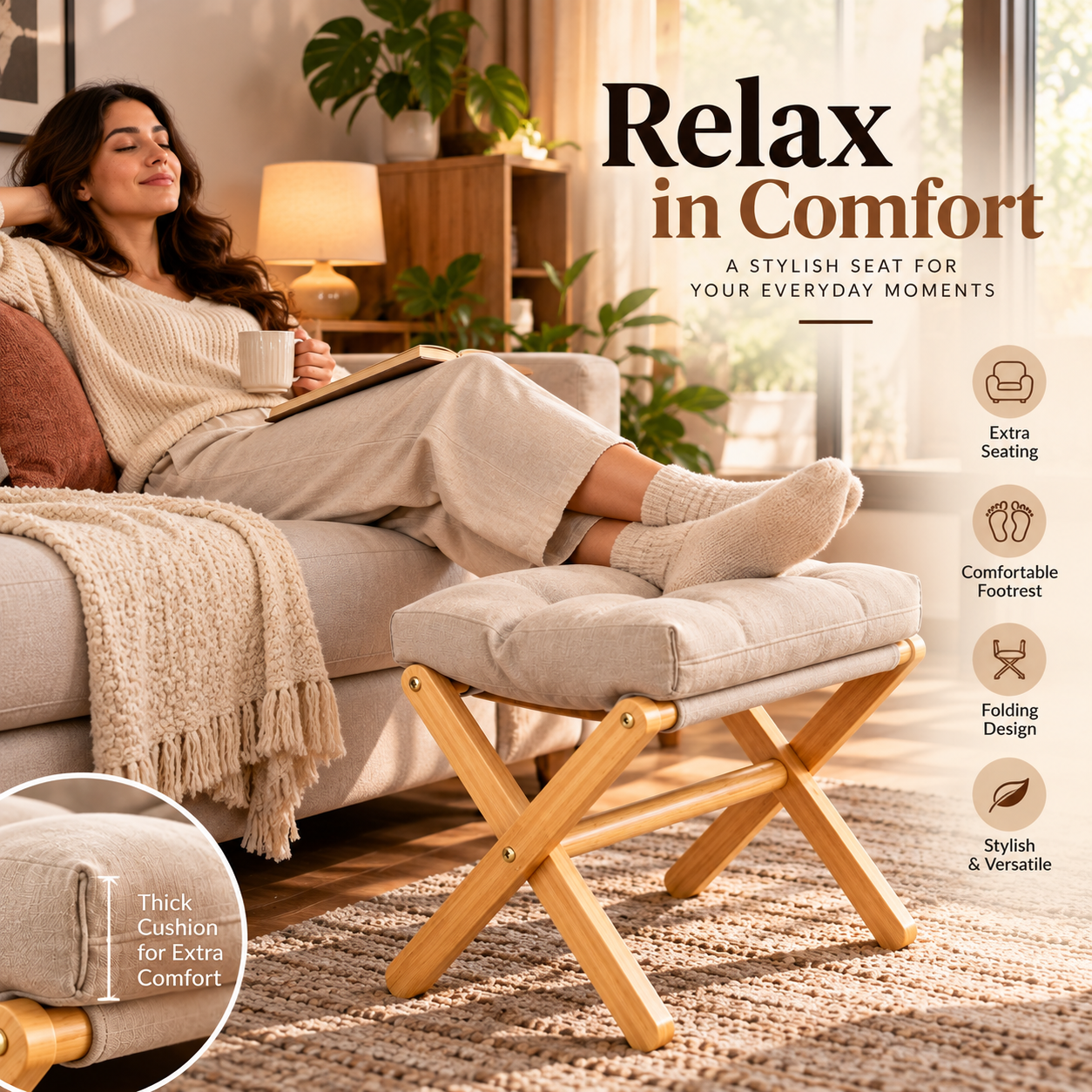 Solid Wood Folding Shoe Changing Stool with Soft Cushioned Seat