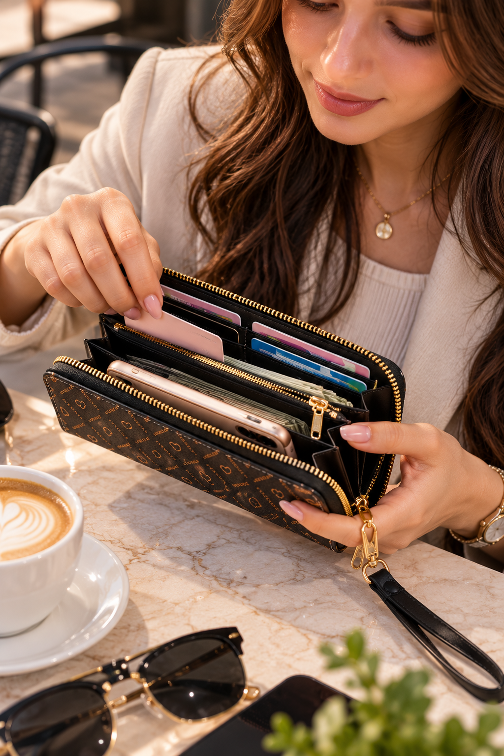 Women’s Large Capacity Double-Zip Clutch Wallet with Wrist Strap