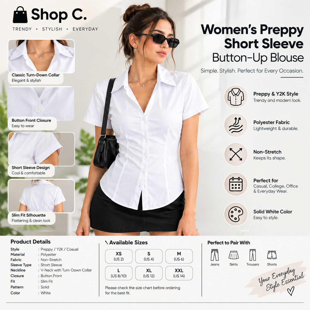 Women’s Preppy Short Sleeve Button-Up Blouse