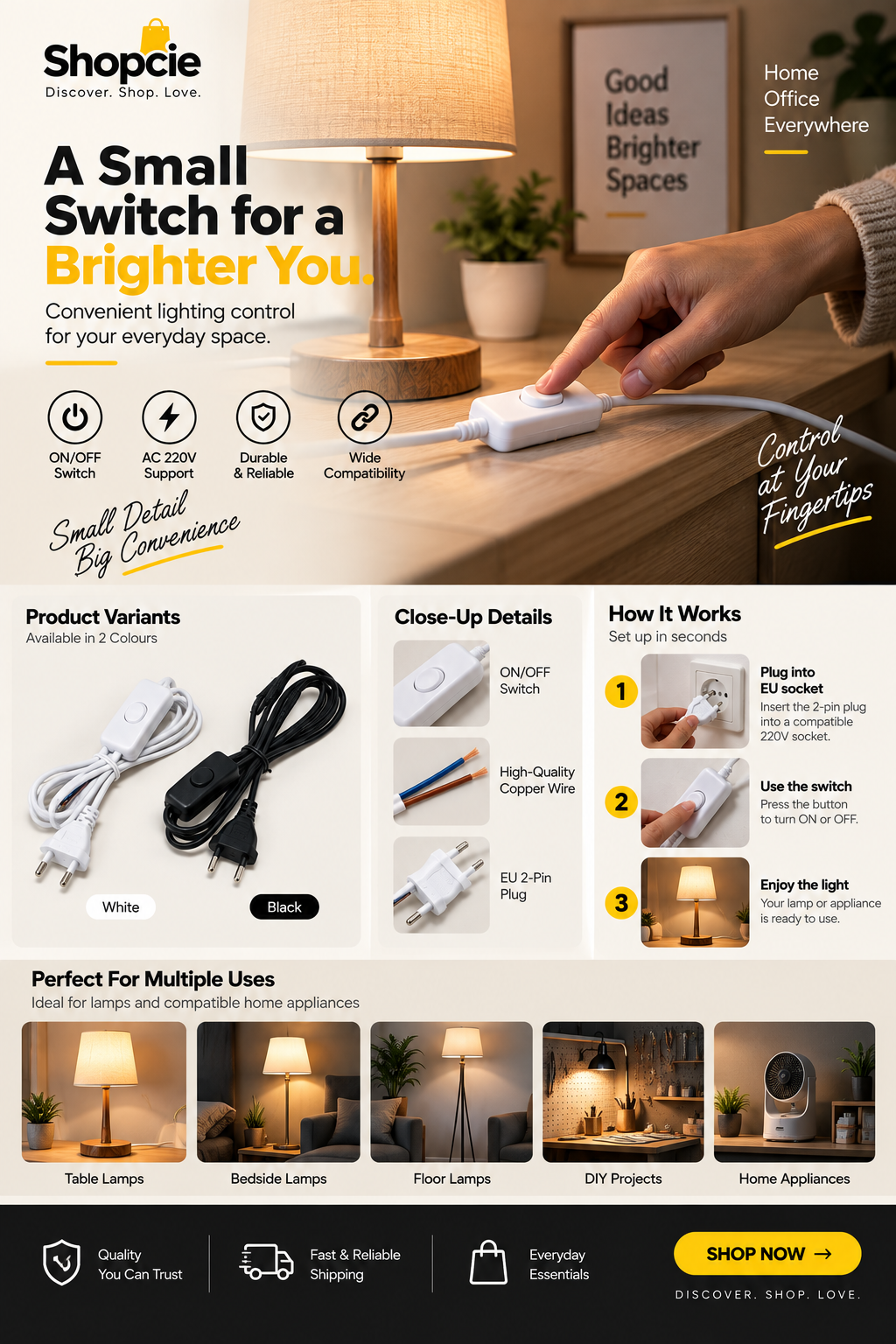 EU Plug Power Cord with Inline ON/OFF Switch – 2-Pin Lamp Extension Cable