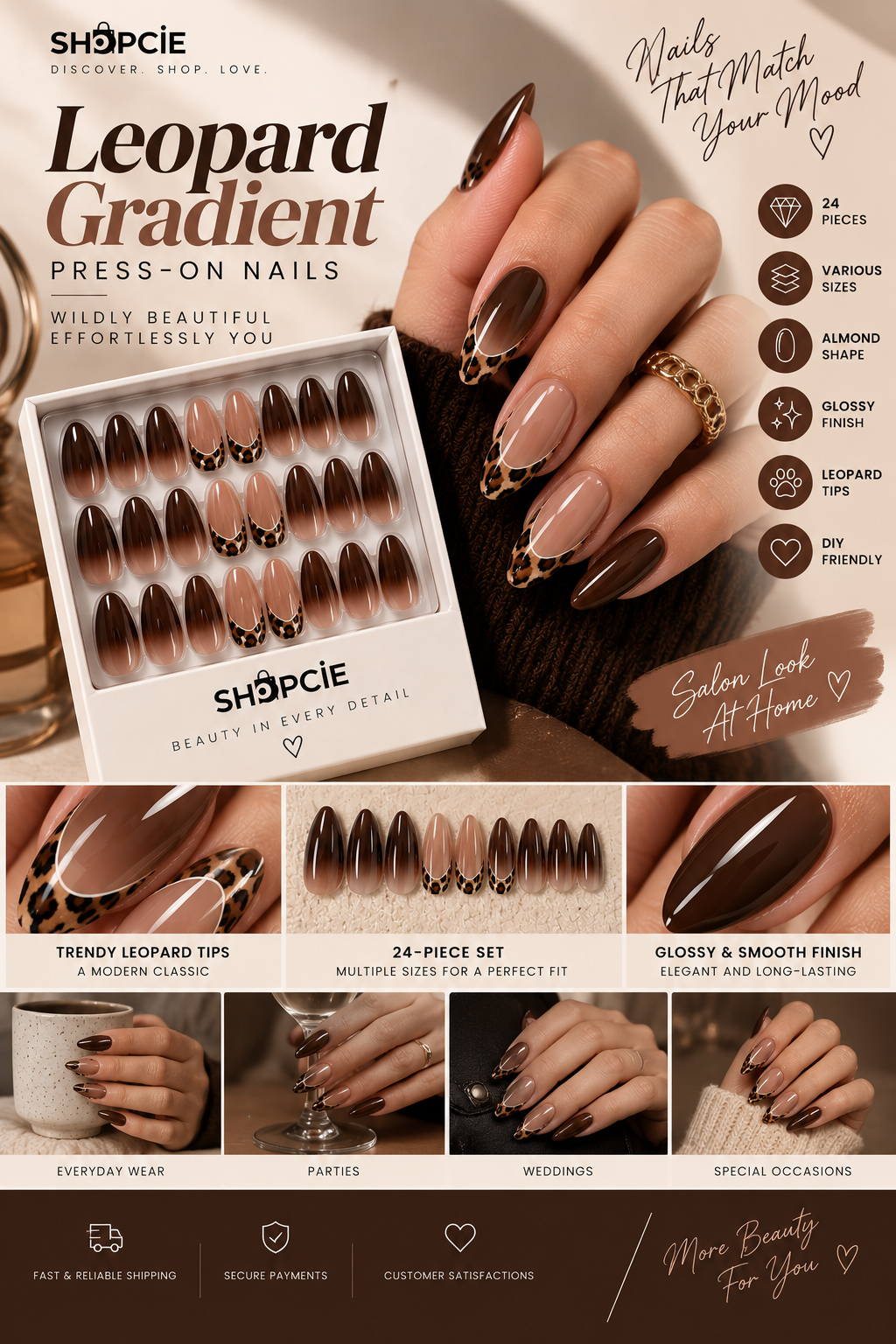 24-Piece Leopard French Tip Almond Press-On Nails